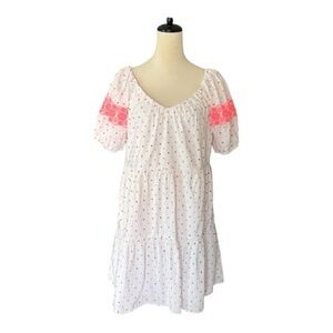 LOFT Puff Sleeve Dot Embroidered Tiered Swing Dress Size MP White Pink Boho Prep